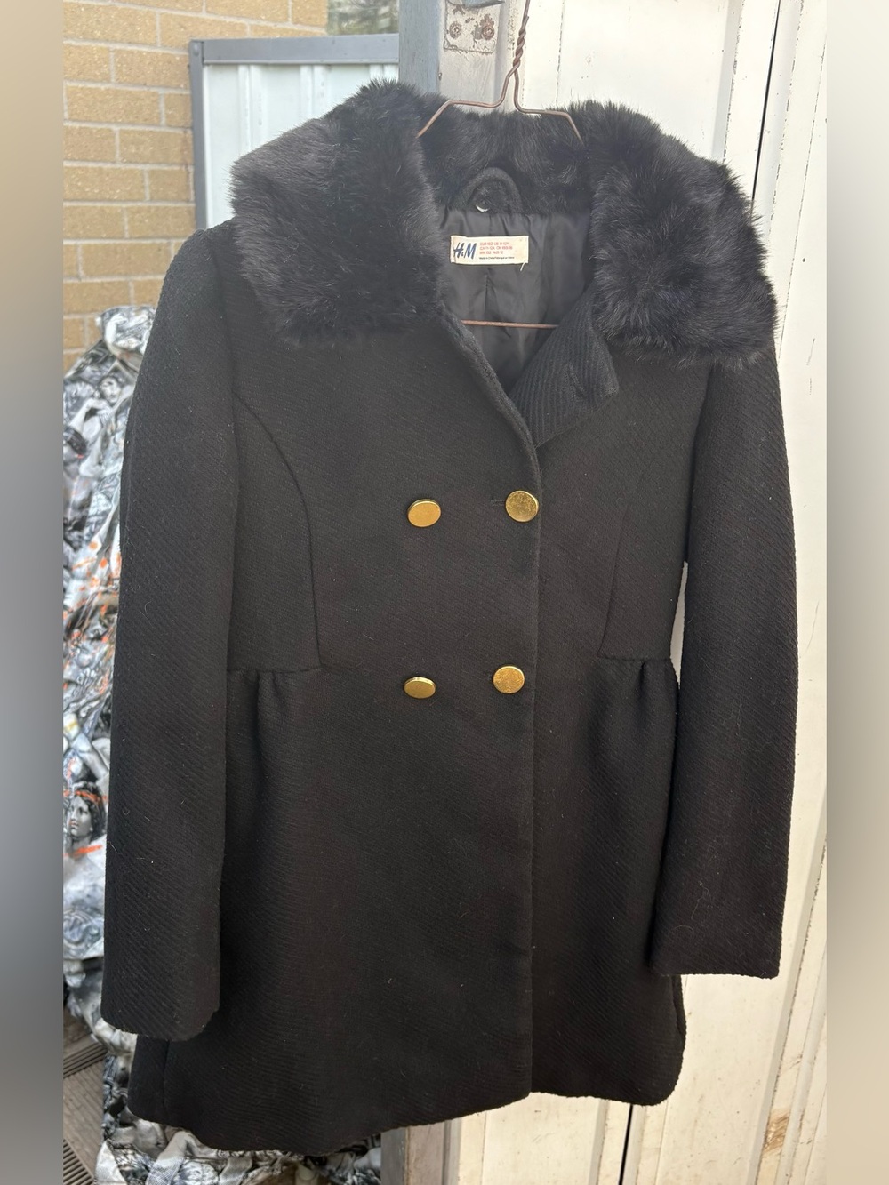 H&M Black Pea Coat with Faux Fur Collar